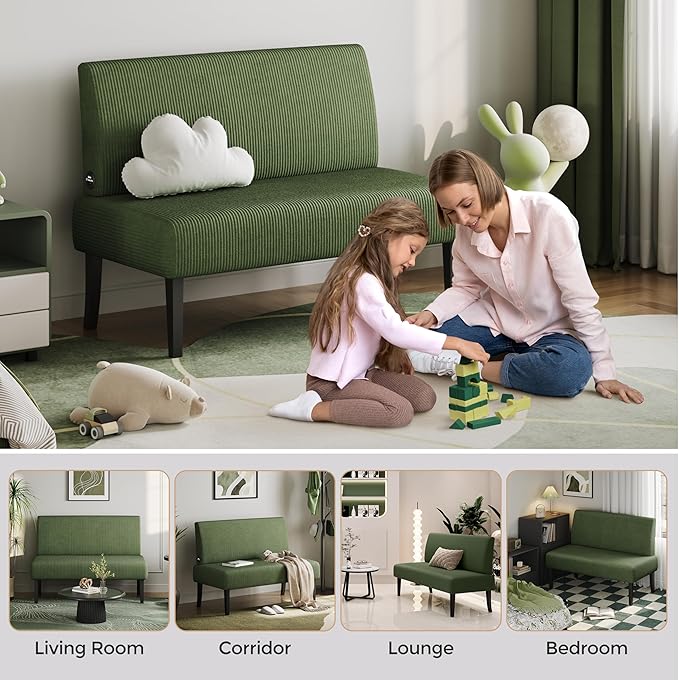 Yaheetech Small Mini Sofa Couch Armless Loveseat Futon for Bedroom, Corduroy Fabric & Easy Assembly, for Small Spaces Living Room,Dorm,Office,Apartment, Green