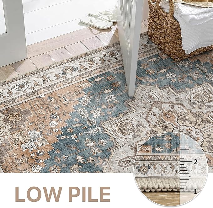 GENIMO 2x10 Runner Rugs for Hallway, Machine Washable Non Slip Vintage Rugs, Low Pile Lightweight Soft Print Rug for enrtyway, Corridor, Home Office, Kitchen, Blue Brown