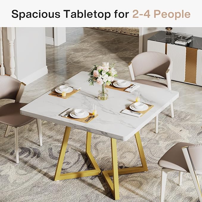 Tribesigns Square Dining Table for 8, 31.5" Modern Dinner Table with Metal Base, Kitchen Table for Dining Room, Small Space, Apartment, White & Gold