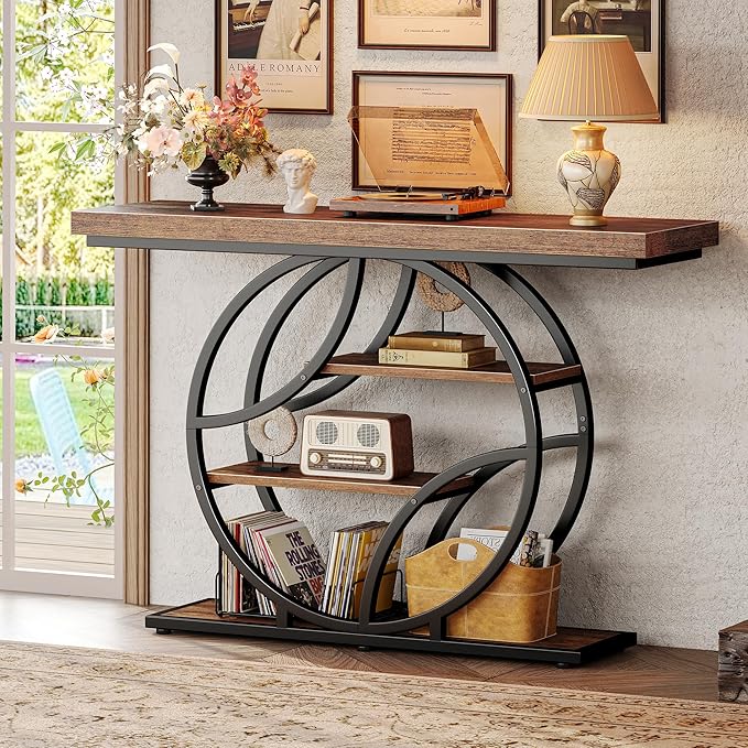 Huuger 47.2 Inch Entryway Table, Industrial Console Sofa Table with Storage, Accent Table with Shelves, for Entry, Hallway, Entrance, Foyer, O-Shaped Metal Frame, Rusitc Brown