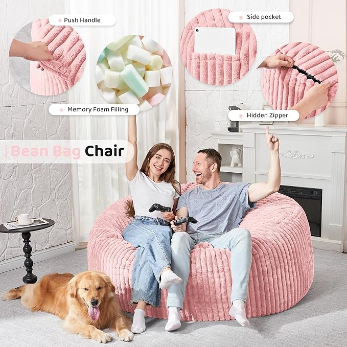 HABUTWAY 5FT Bean Bag Chair, 5' Large Bean Bag Chairs for Adults with Removable Stripe Plush Cover, Memory Foam Beanbag Chair for Living Room Bedroom Dorm (Tender Pink)