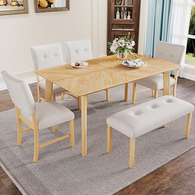 Merax 6 Piece Solid Wood Dining Table Set for 6, Rustic Farmhouse Rectangular with 4 Upholstered Wooden Chairs and 1 Bench, Kitchen Room, Natural Wood Wash
