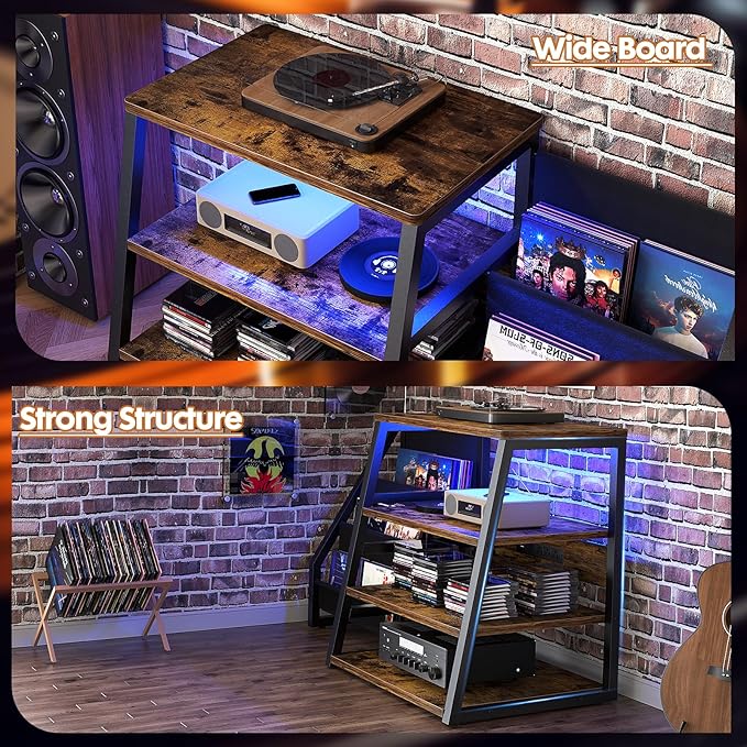 AV Media Stand with Outlets, Stereo Stands and Racks with Vinyl Storage, Stereo Stand with Record Storage, Audio Stereo Rack Cabinet, Turntable Console Stand with LED lights, 4 Tiers, Rustic Brown