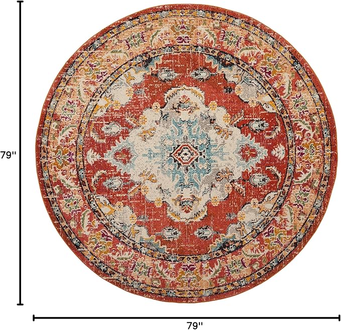 SAFAVIEH Monaco Collection Area Rug - 6'7" Round, Orange & Light Blue, Boho Chic Medallion Distressed Design, Non-Shedding & Easy Care, Ideal for High Traffic Areas in Living Room, Bedroom (MNC243H)