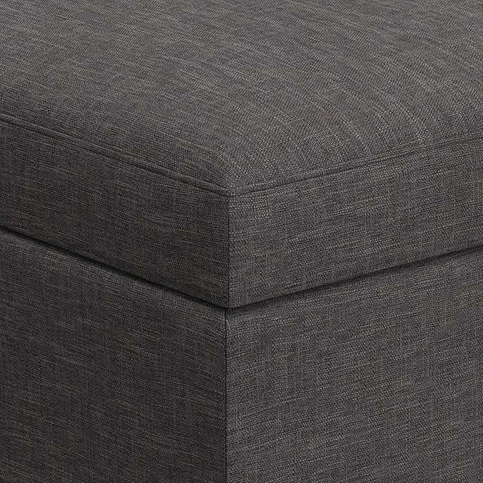 SIMPLIHOME Owen 34 inch Wide Mid Century Modern Rectangle Coffee Table Storage Ottoman in Slate Grey Linen Look Fabric, Assembled, For the Living Room, Entryway and Family Room