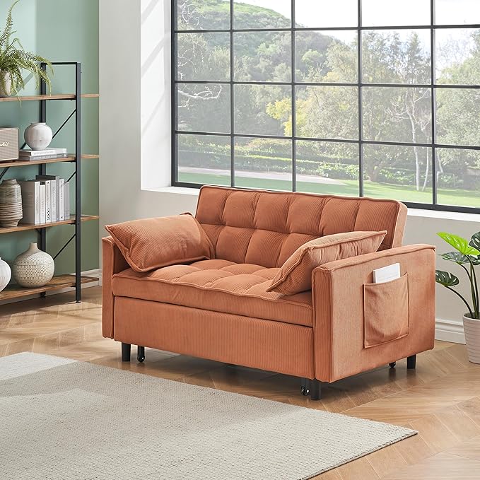 Ball & Cast Convertible Sofa Bed,Loveseat Sleeper Sofa W/Pull-Out Bed,Convertible Pull Out Couch W/2 Pillows,Adjustable Backrest&Side Pocket,Corduroy Futon Couches for Living Room,Apartment,Orange,54"