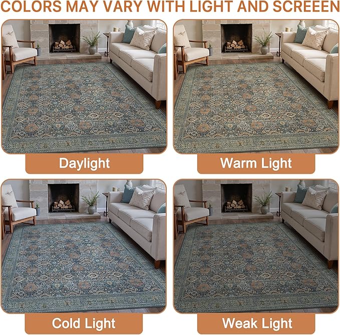 8X10 Area Rugs Machine Washable Rugs for Living Room, Vintage Boho Large Rugs for Bedroom Dining Room, Non Slip Indoor Soft Distressed Lightweight Thin Low Pile Carpet, Beige Blue Grey