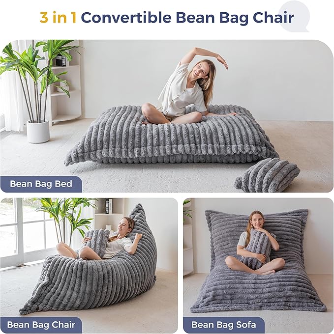 MAXYOYO Giant Bean Bag Chair with Pillow, 3 in 1 Convertible Bean Bag Chair for Adults with Washable Cover, Removable Floor Cushion Stuffed Floor Lounger for Living Room Bedroom, Grey