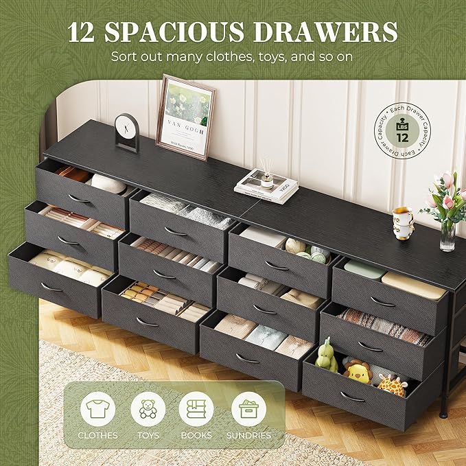 Huuger 70 Inch Black Dresser for Bedroom, TV Stand for 65, 75, 80 Inch TV, 12 Fabric Drawer Long Dresser, Wide Chest of Drawer, Storage Units for Living Room