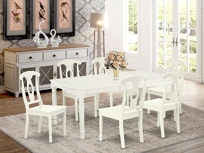 East West Furniture DOKE7-LWH-W 7 Piece Dining Set Consist of a Rectangle Dining Table with Butterfly Leaf and 6 Kitchen Chairs, 42x78 Inch, Linen White
