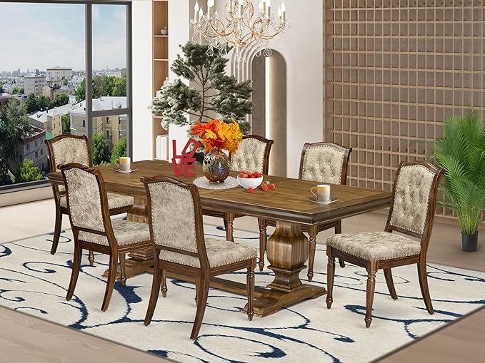 NKMA7-AWA-36 7 Pieces Kitchen Table Set Includes a Rectangular Dining Table and 6 Light Beige Polyester Fabric Dinner Chairs, Antique Walnut Finish