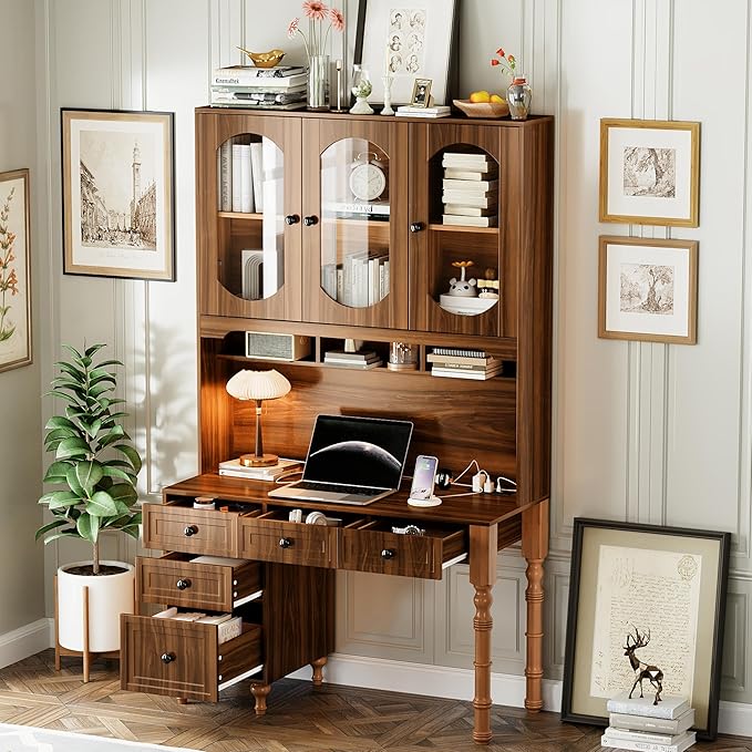 Merax 47'' Executive Desk with Charging Station and Hutch, Home Office Desk with 5 Drawers and Glass-Door Bookshelf, Retro Computer Desk for Study, Bedroom Office Furniture, Walnut