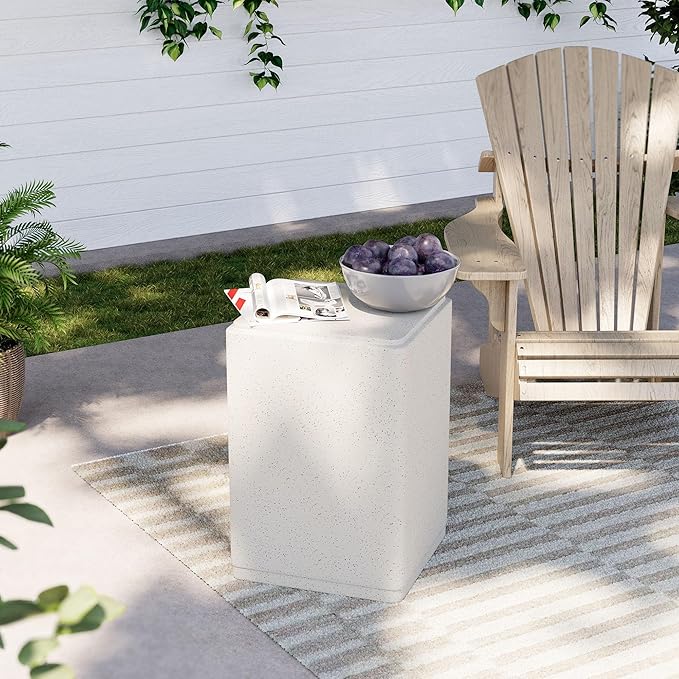 COSIEST 20" Outdoor Side Table, Weather-Resistant Square Concrete End Table for Patio,Durable Small Outside Tables Accent Stool for Garden, Porch, Deck, Balcony & Beach，Speckled White