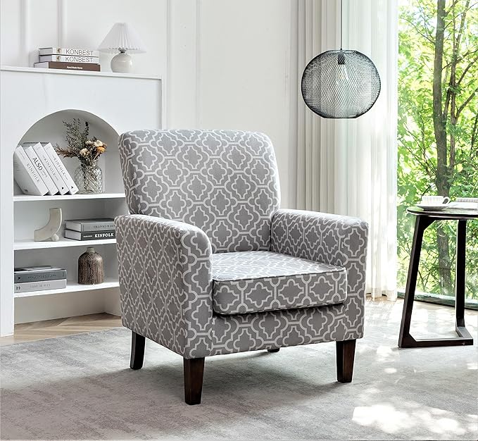 Container Furniture Direct Contemporary Accent Arm Chair with Birch Wood Frame and Velvet Upholstery, Armchair for Office and Living Room Decor, Removable Cushions, 03 Printed Fabric