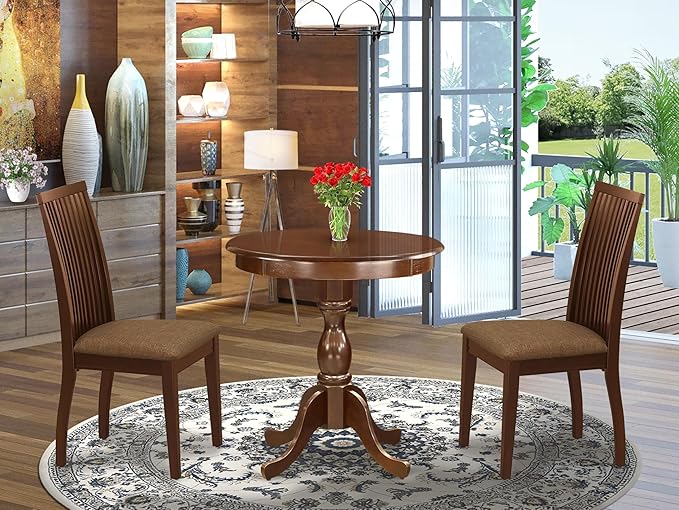 East West Furniture ESIP3-MAH-C 3 Piece Modern Dining Table Set Contains a Round Wooden Table with Pedestal and 2 Linen Fabric Upholstered Dining Chairs, 30x30 Inch, Mahogany