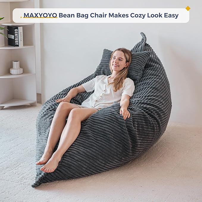 MAXYOYO Giant Bean Bag Chair with Pillow, 3 in 1 Convertible Bean Bag Chair for Adults with Washable Cover, Removable Floor Cushion Stuffed Floor Lounger for Living Room Bedroom, Dark Grey, Full