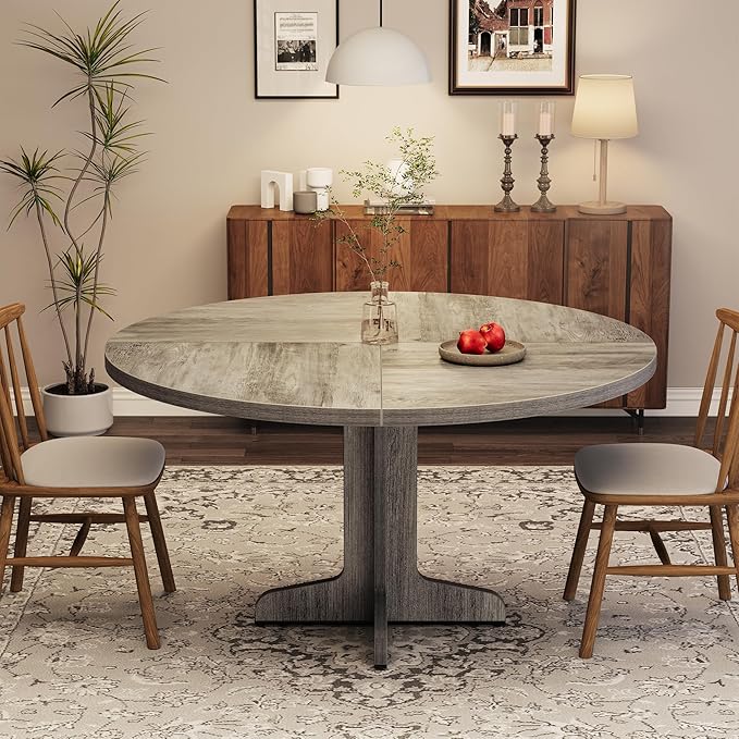 GarveeHome Round Dining Table for 4, 47 Inch Farmhouse Circle Kitchen Table with Wood Tabletop and Stable Base, for Home Dining Room Living Room, Grey (Only Table)