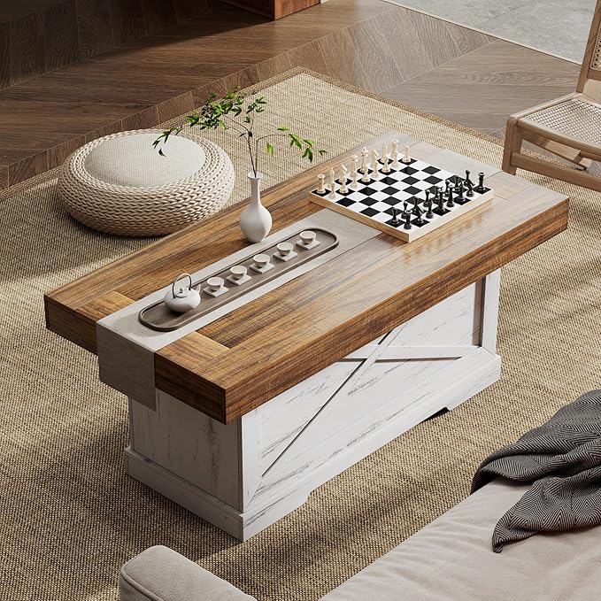 Coffee Table 39 in Farmhouse Center Table with X-Design Wooden Pedestal for Living Room, Space Saving, Easy Assembly Rectangle Home Office Tea Accent Table for Apartment, Antique White Walnut