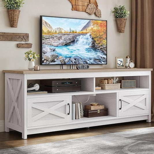 YITAHOME Farmhouse TV Stand for 65/75 Inch Television, Entertainment Center Television Stand with Power Outlets and Open Shelf, Media Console TV Cabinet for Living Room, Grey White/Grey Wash