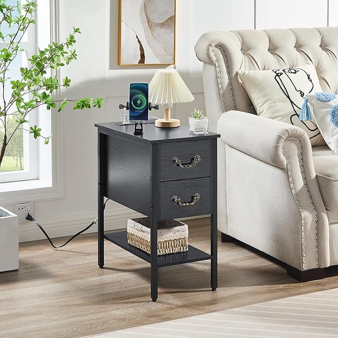 VECELO End Tables,Narrow Nightstands with Charging Station & USB Ports &Drawers,Night Stand for Living Room, Bedroom,Black