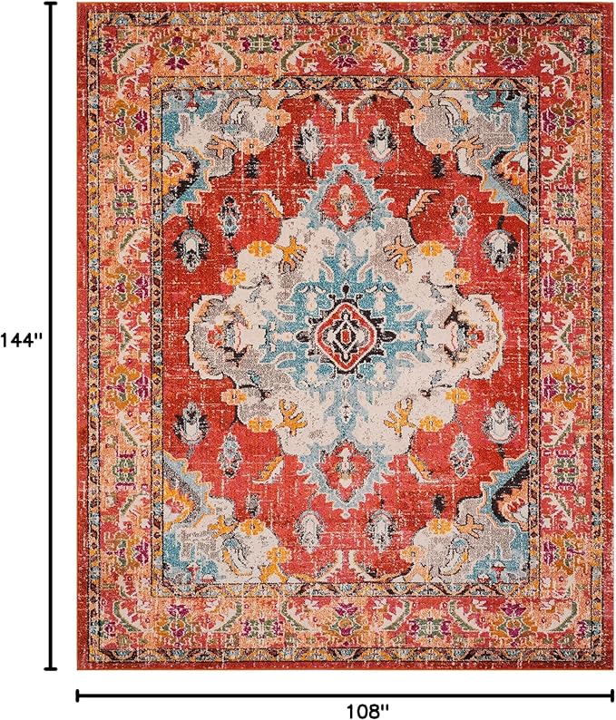 SAFAVIEH Monaco Collection Area Rug - 9' x 12', Orange & Light Blue, Boho Chic Medallion Distressed Design, Non-Shedding & Easy Care, Ideal for High Traffic Areas in Living Room, Bedroom (MNC243H)