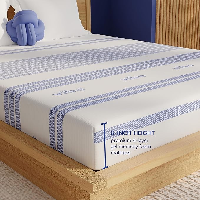 Vibe Gel Memory Foam Mattress, Fiberglass Free 8-Inch CertiPUR-US Certified Bed-in-a-Box, Queen, White