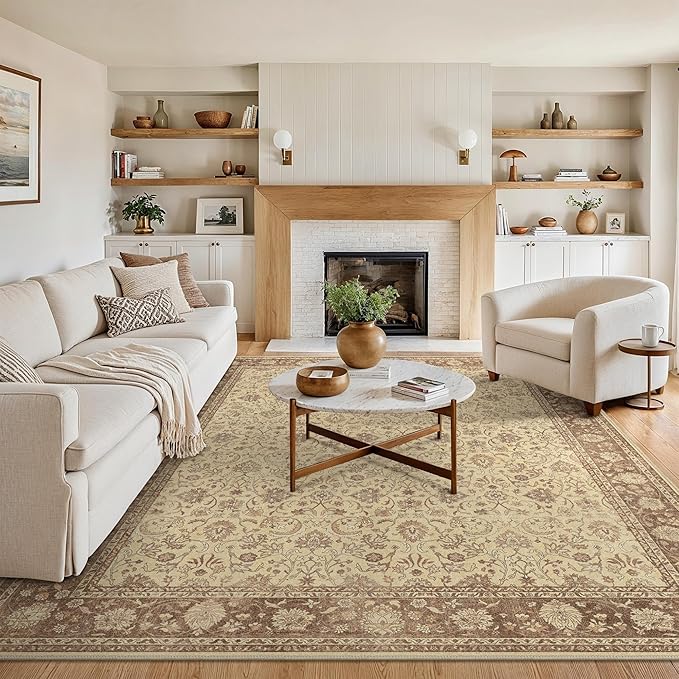 8X10 Area Rugs Machine Washable Rugs for Living Room, Vintage Boho Large Rugs for Bedroom Dining Room, Non Slip Indoor Soft Distressed Lightweight Thin Low Pile Carpet, Light Brown