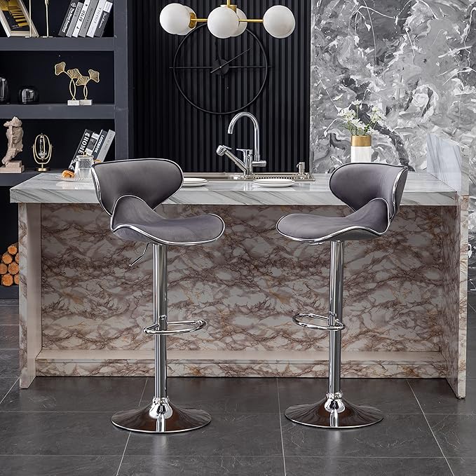 Roundhill Furniture Masaccio Velvet Upholstered Adjustable Swivel Barstool, Set of 2, Gray