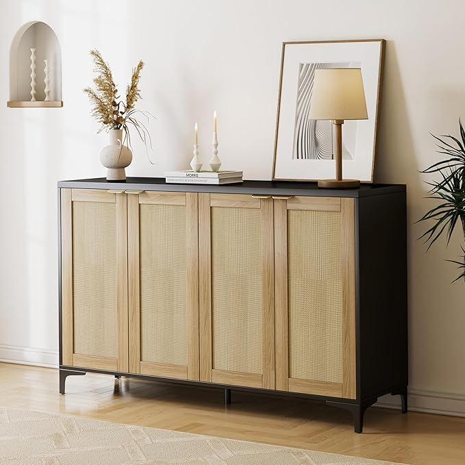 Sideboard - Buffet Cabinet with Storage, Rattan Cabinet with 4 Doors and Adjustable Shelves, Accent Cupboard with Metal Feet, Black Sideboard Console Table for Living Room, Entry, Dining Room