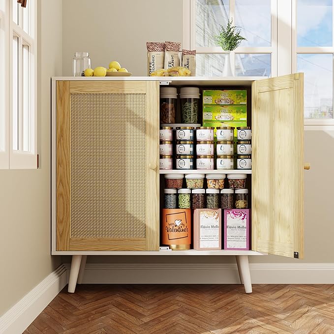 Rattan Storage Cabinet, Small Sideboard Buffets Storage Cabinet with Doors for Kitchen & Entryway Storage, White