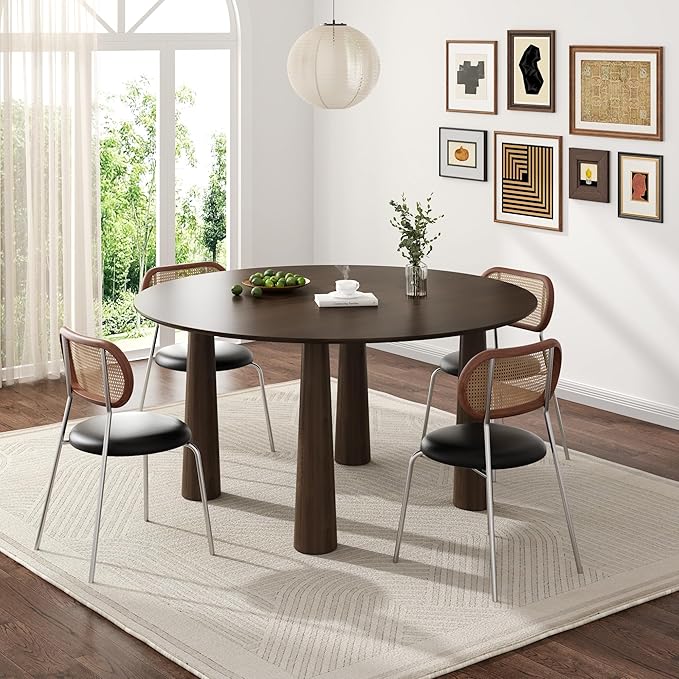 Casaphoria 59" Round Dining Table, Kitchen Table for 6 with Arc-Shaped Edge Top and Cylindrical Legs, Easy Assembly for Living Room, Dining Room, Walnut