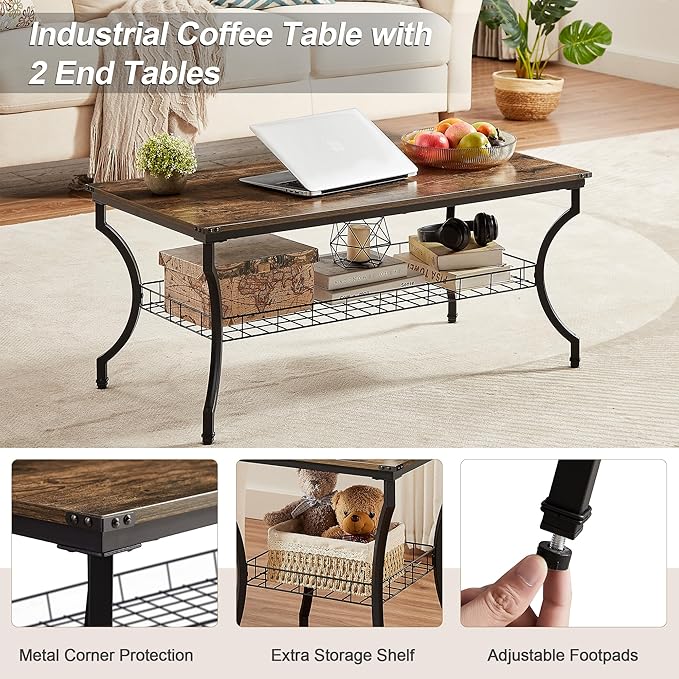 VECELO 3 Pieces Living Room Table Sets, Coffee and End Tables with Open Storage Shelves for Apartment, Home Office, Small Space, Easy Assembly, Brown