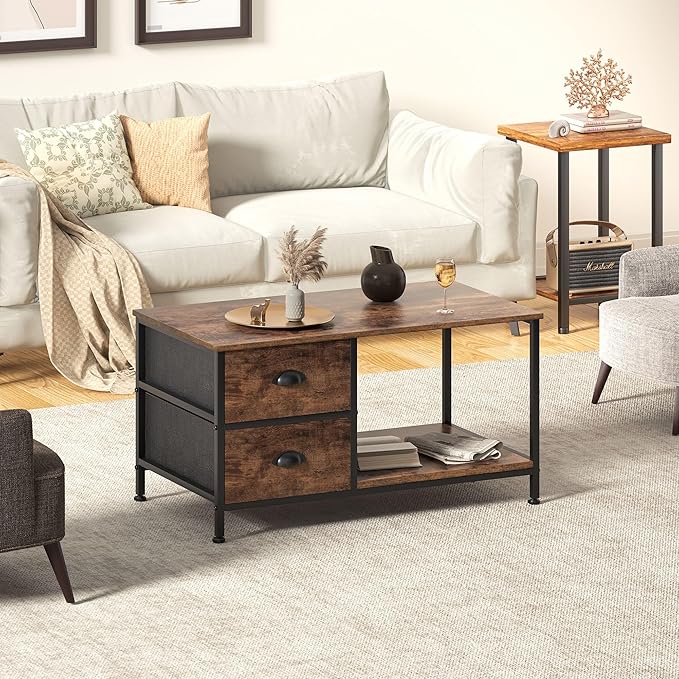 SENIG Coffee Table with Drawers, Coffee Table for Living Room, 2-Tier Coffee Tables with Storage Drawers，Brown Coffee Tables for Small Spaces, Rectangle Wood Ttable, Metal Side End Table