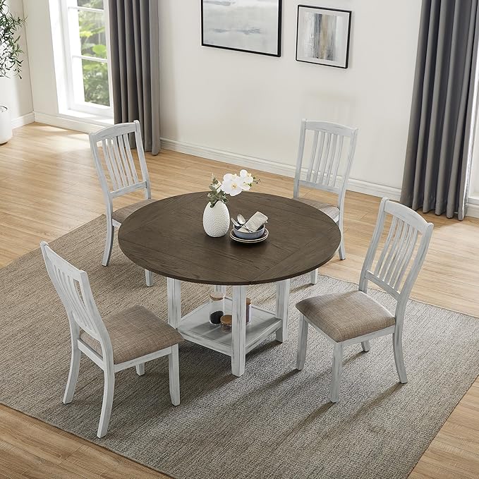 Ball & Cast 5 Pieces Dining Table Set with 4 Chairs and 51" Round Folding Dining Table,Kitchen Table and Chairs for 4 W/Trestle Table Base,for Small Space,Apartment,Dining Room,Brown White