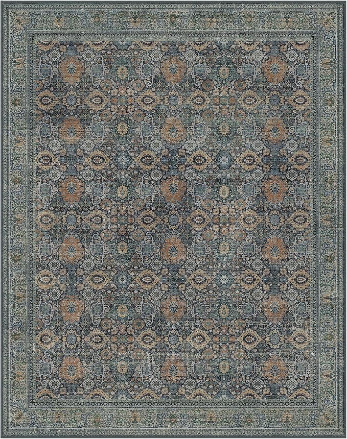 10X14 Area Rugs Machine Washable Rugs for Living Room, Vintage Boho Large Rugs for Bedroom Dining Room, Non Slip Indoor Soft Distressed Lightweight Thin Low Pile Carpet, Beige Blue Grey