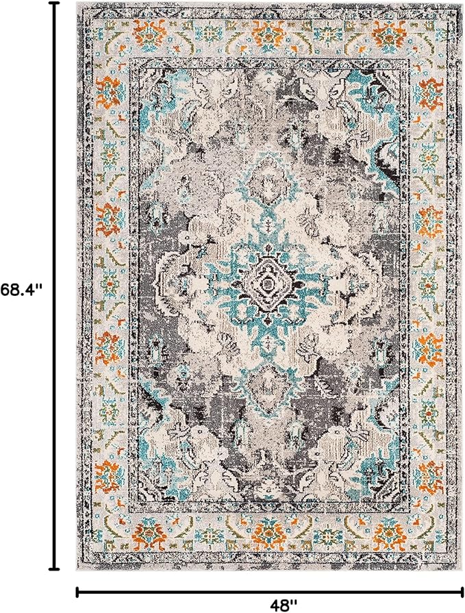 SAFAVIEH Monaco Collection Accent Rug - 4' x 5'7", Grey & Light Blue, Medallion Distressed Design, Non-Shedding & Easy Care, Ideal for High Traffic Areas in Entryway, Living Room, Bedroom (MNC243G)