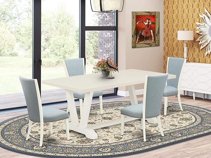 East West Furniture V027VE215-5 5 Piece Dining Table Set for 4 Includes a Rectangle Kitchen Table with V-Legs and 4 Baby Blue Linen Fabric Parson Dining Chairs, 40x72 Inch, Multi-Color