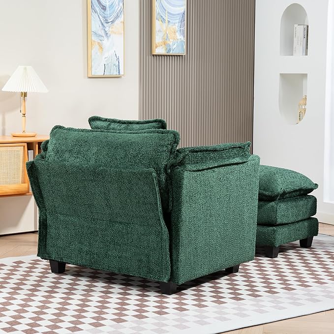 Furniliving Oversized Accent Chairs with Ottoman, Luxury Boucle Single Sofa, Upholstered Deep Seat Chaise Lounge with Pillows for Living Room, Bedroom, Apartment, Green