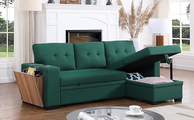 Ball & Cast Sectional Sleeper Sofa Bed,L-Shape Pull Out Couch,4 in 1 Pull-Out Sofabed W/Reversible Storage Chaise,USB Ports & Cup Holder,Convertible Sleeper Corner Couch W/Pull Out Bed,for Living Room