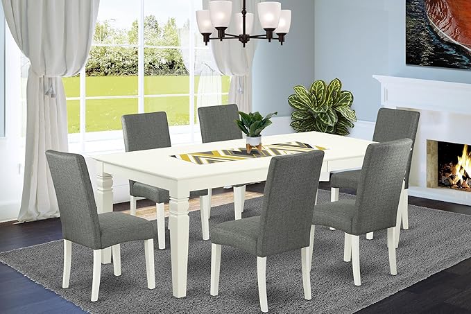 East West Furniture LGDR7-LWH-07 7 Piece Modern Dining Table Set Consist of a Rectangle Wooden Table with Butterfly Leaf and 6 Gray Linen Fabric Parson Dining Chairs, 42x84 Inch, Linen White