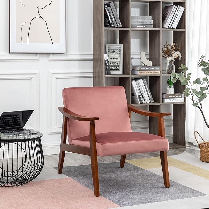 Container Furniture Direct Accent Chair with Velvet Upholstery and Solid Wood Frame, Classic Mid-Century Modern Living Room Furniture for Extra Seating, Rose
