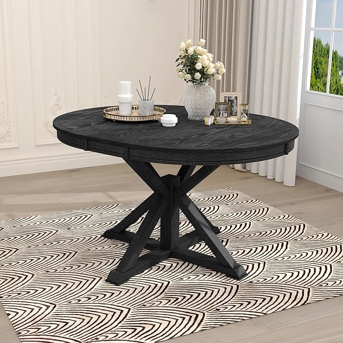 Retro Style Round Dining Table with 12" Removable Leaf for Kitchen/Living Room, Space-saving Solid Wood Tabletop Extendable Circular to Oval (42" to 54") with X-shaped Base Legs for Apartment Bistro