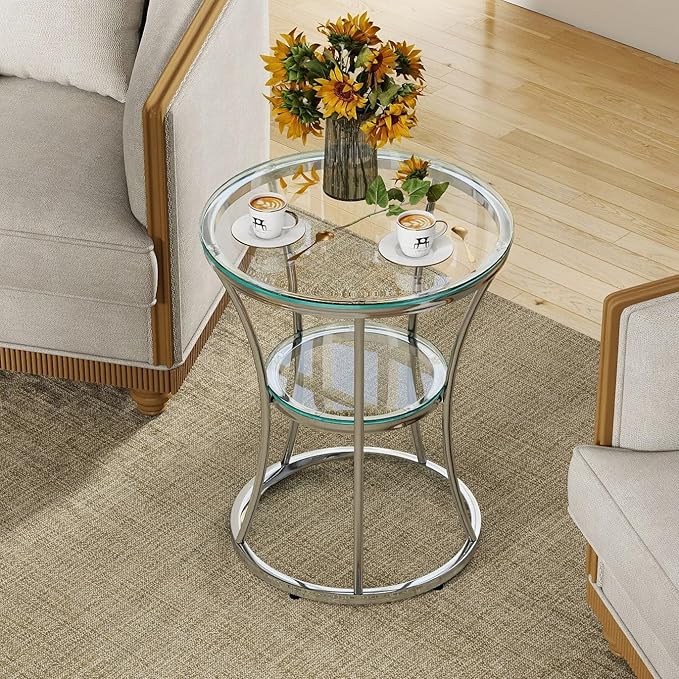 O&K FURNITURE Round End Table with Tempered Glass, Small Silver Side Table for Small Spaces, Nightstand with Shelf for Living Room, Bedroom, Office,Chrome Finish, 1 PC