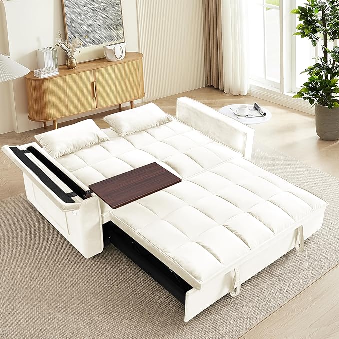 Ball & Cast 55" 3 in 1 Sleeper Sofa Bed Velvet Upholstered Pull Out Couch with Adjustable Back & 2 Pillows,Convertible Futon Sofa Bed W/Hidden Side Table,Side Pocket & USB Port,for Living Room,Beige