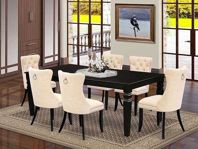 East West Furniture LGDA7-BLK-32 7 Piece Kitchen Table Set Consists of a Rectangle Dining Table with Butterfly Leaf and 6 Polyester Fabric Padded Chairs, 42x84 Inch, Black