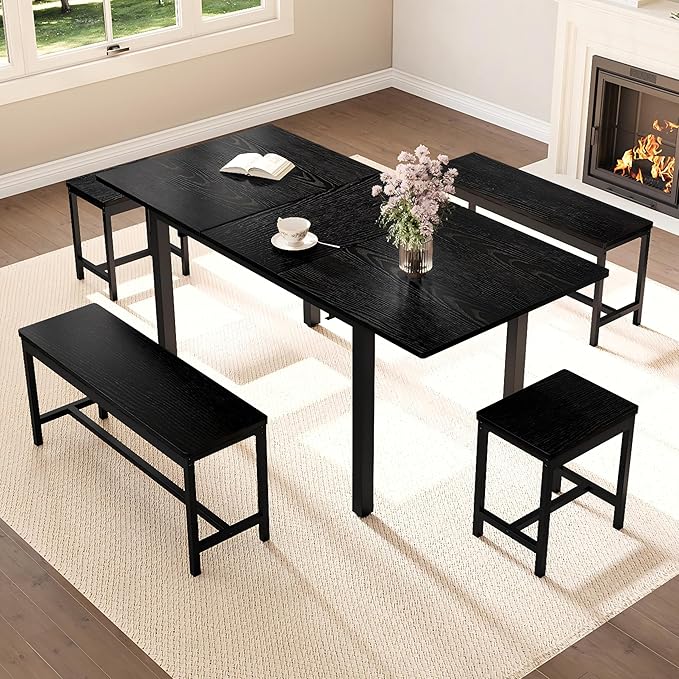 IDEALHOUSE 5-Piece Extendable Dining Table Set for 4-8 People, 63 Inch Kitchen Table with 2 Benches & 2 Stools, Space Saving Modern Dining Room Furniture, Easy Assembly, Black