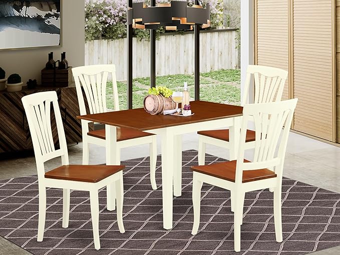 East West Furniture NDAV5-WHI-W 5 Piece Kitchen Table & Chairs Set Includes a Rectangle Dining Room Table with Dropleaf and 4 Solid Wood Seat Chairs, 30x48 Inch, Buttermilk & Cherry