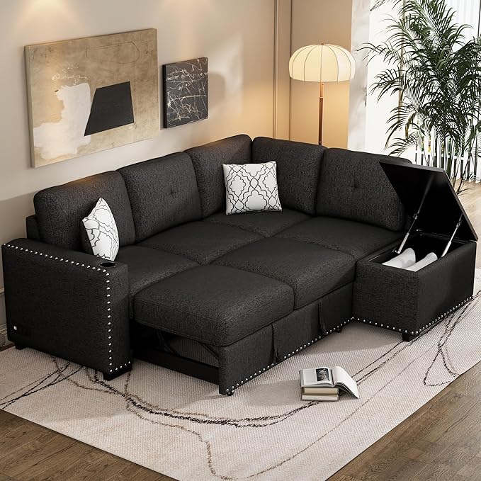Merax Modern 83.8" Sectional Couch Bed with Storage Chaise/USB Ports/Cup Holder, L-Shape Pull Out Sleeper Sofa for Living Room, Black