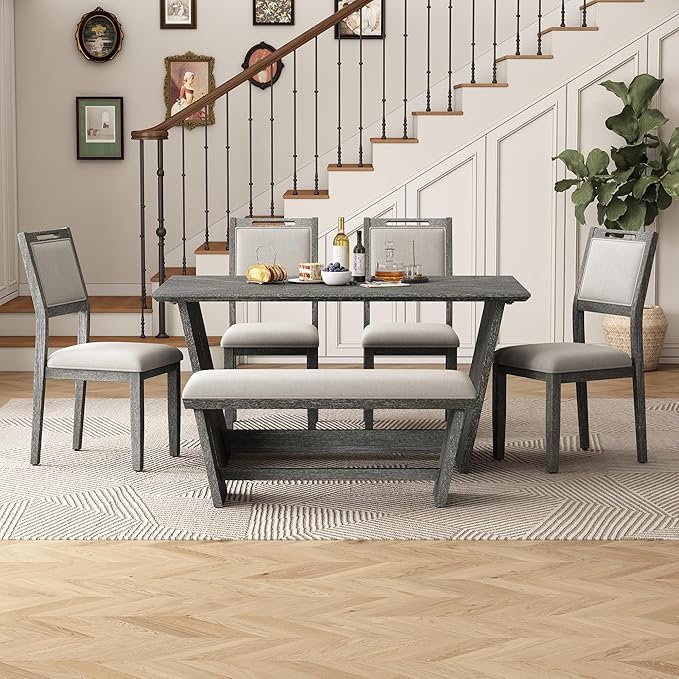 Ball & Cast 6-Piece Dining Table Set for 6 People, 60" Wood Dining Kitchen Table & Chairs Set, Rectangular Dining Room Table with Trapezoidal Base,4 Upholstered Chairs & 1 Bench, Kitchen, Gray