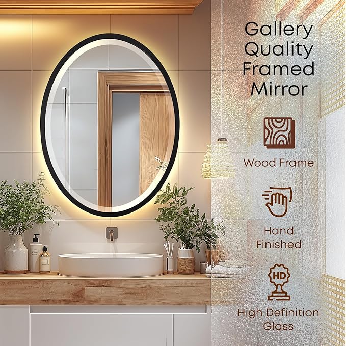 OVALCREST - Oval Wooden Beveled Wall Mirror for Home Decor, Bathroom, Vanity, Bedroom, Living Room, Hallway - London Style (Matte Black) 25.1 x 31.1
